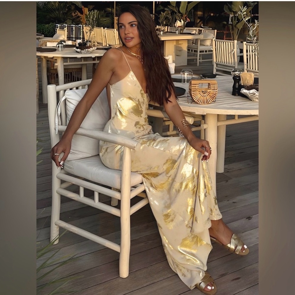 NWT Commense Metallic Print V-Neck Backless Slip Long